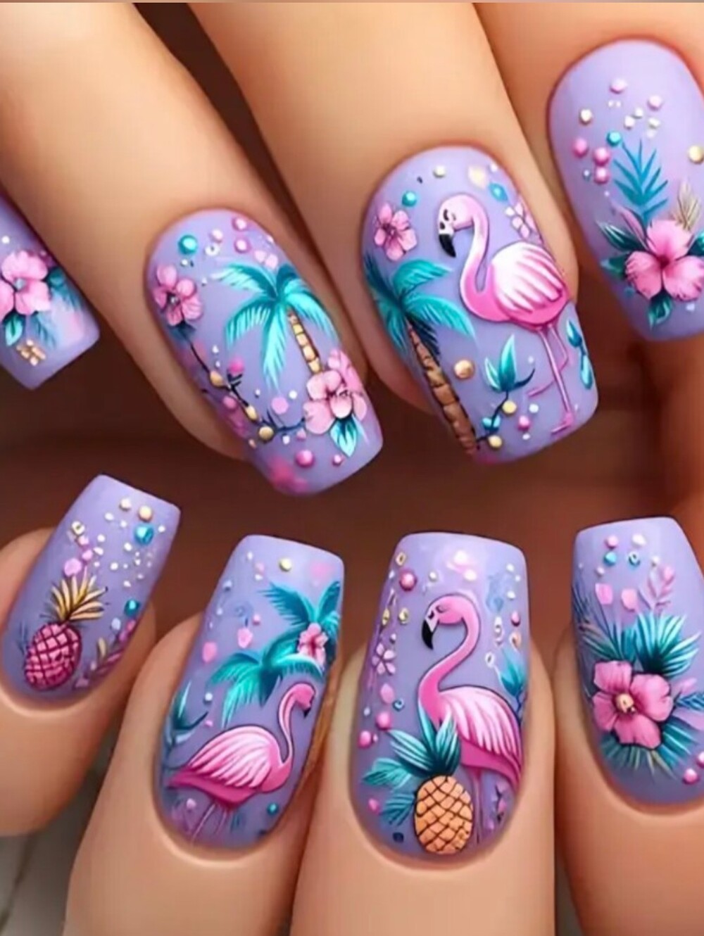 Tropical Lavender Flamingo Design With Palm Trees Press On Nails
